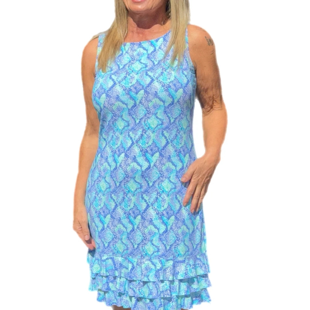 Lulu-B Vibrant Blue Coral SleevelessDress with Ruffle Hem. UPF 50 Sun Protection